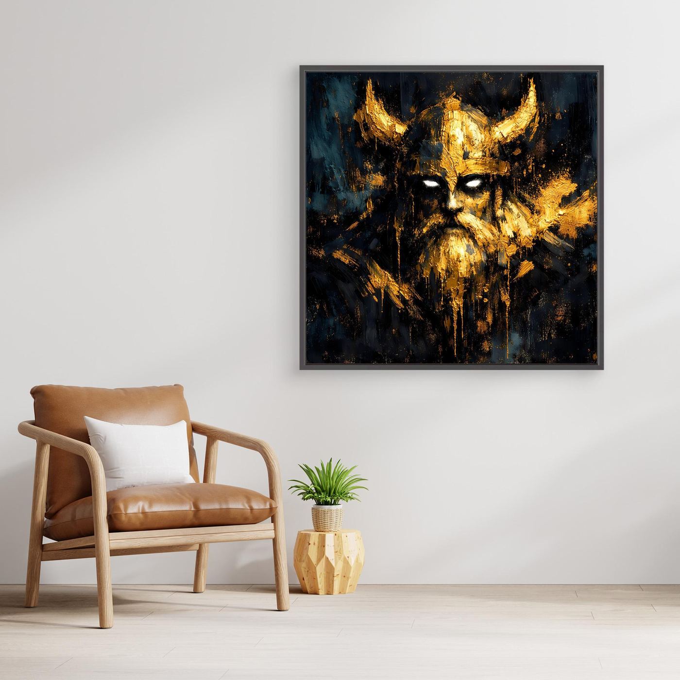 Leinwand Mystischer Wikinger in Gold und Schwarz | Modernes Abstraktes Krieger Wandbild