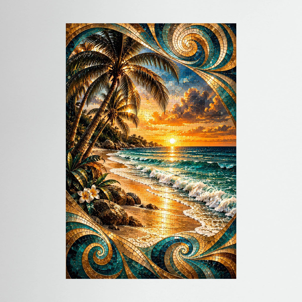 Tropischer Strand bei Sonnenuntergang | Mosaik Kunst in Türkis & Gold | Poster Hochformat