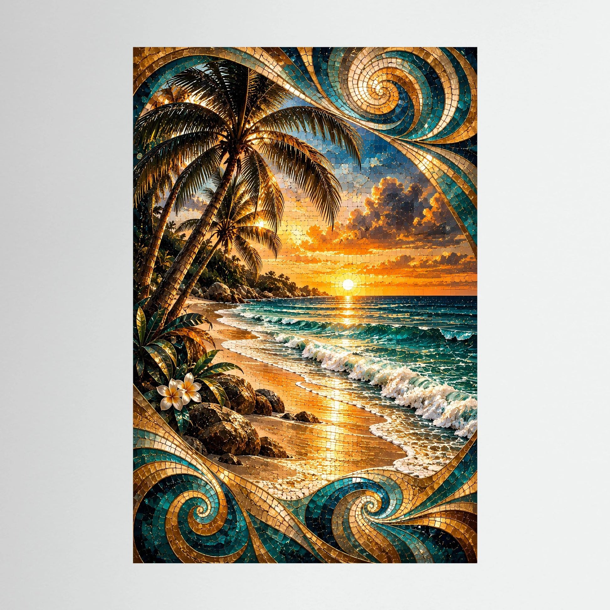 Tropischer Strand bei Sonnenuntergang | Mosaik Kunst in Türkis & Gold | Poster Hochformat