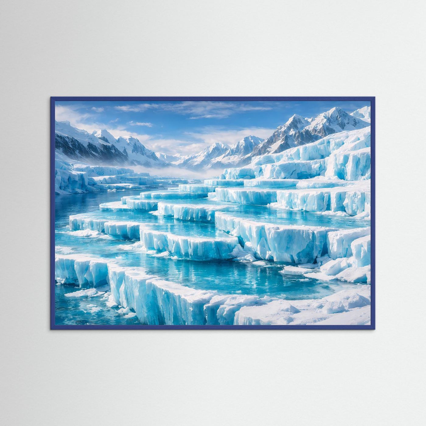 Poster mit Gletscherlandschaft, blauer Holzrahmen