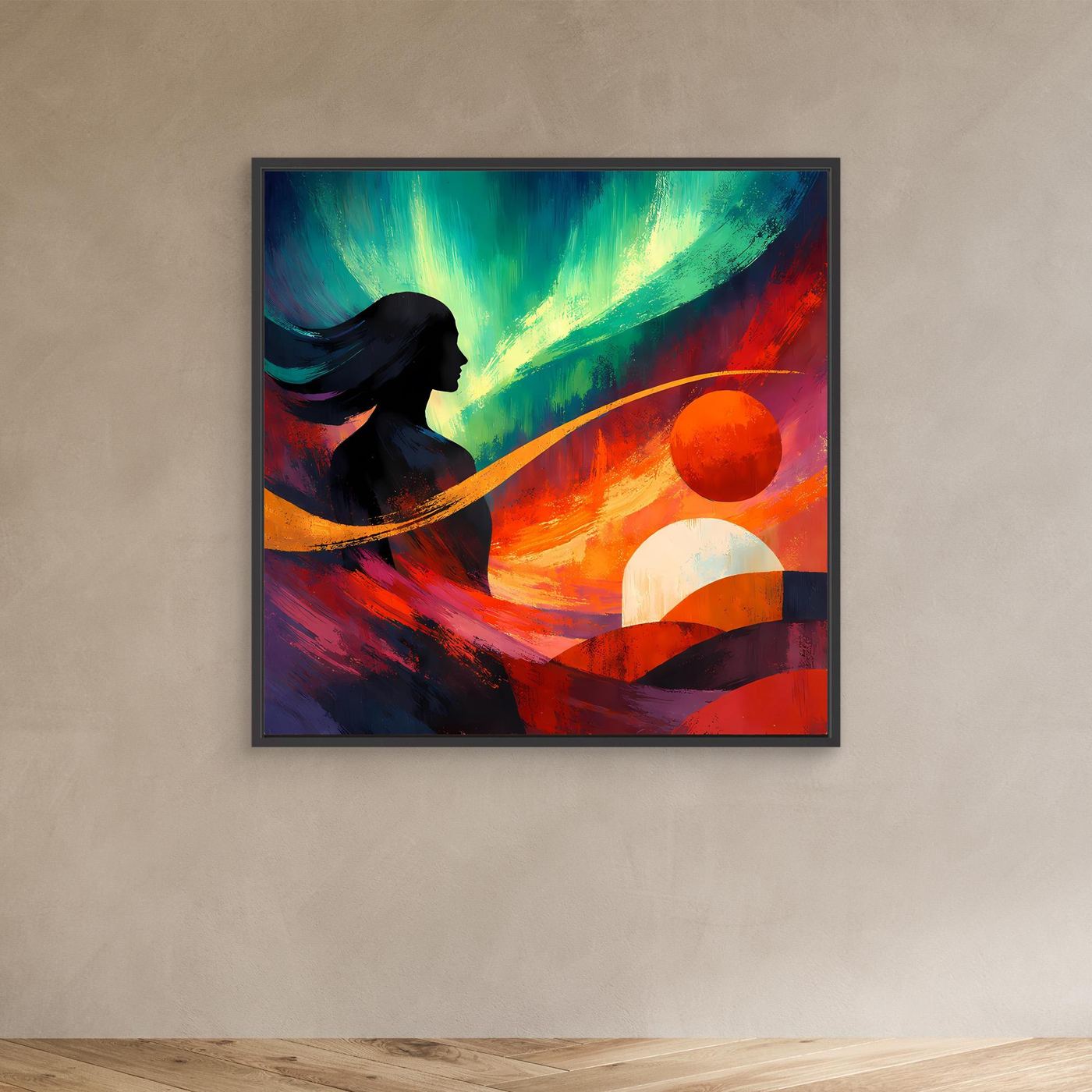 Leinwandbild mit abstraktem Polarlicht, Frauensilhouette und Farbkugeln, schwarzer Rahmen