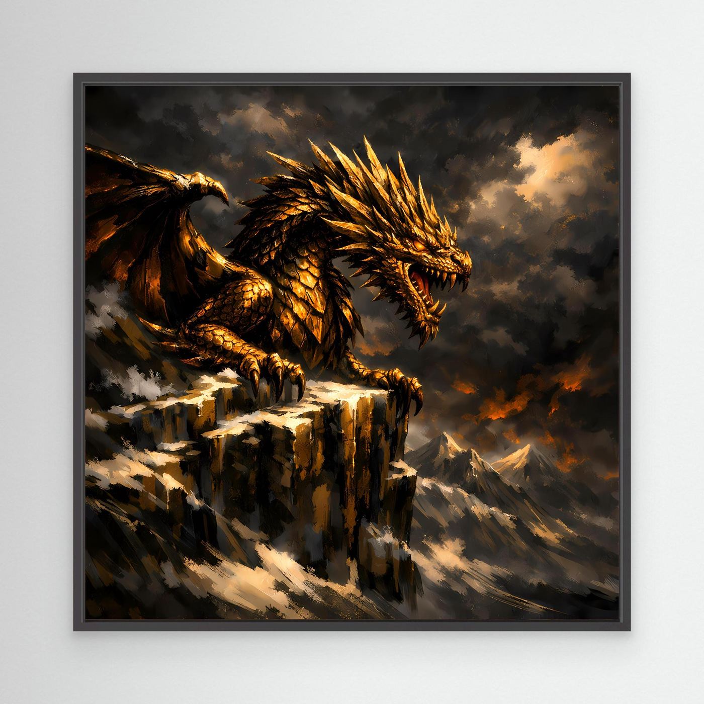 Leinwand Goldener Drache auf Felsgipfel | Episches Fantasy-Wandbild auf Keilrahmen