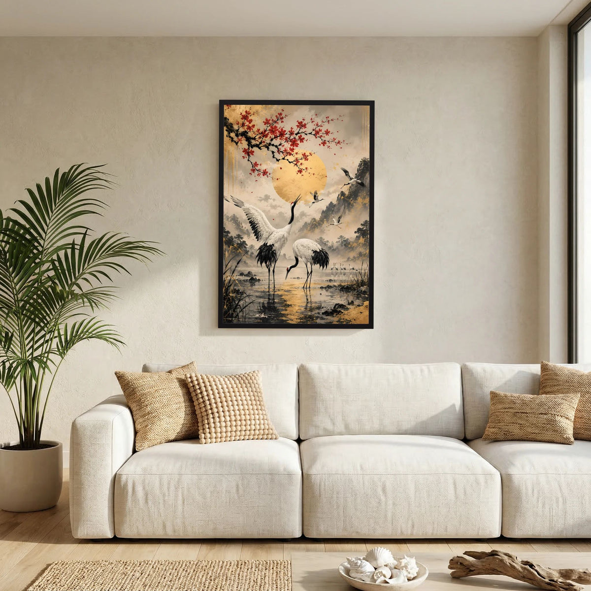 Poster im Hochformat: Kraniche, roter Blütenzweig und goldene Sonne im schwarzen Rahmen
