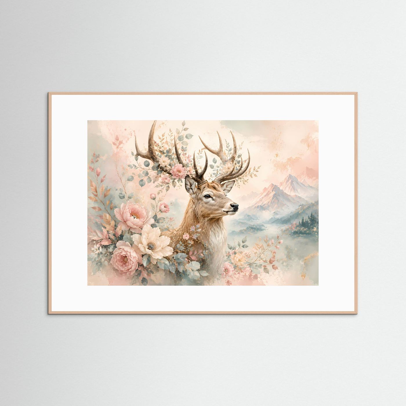 Hirsch mit Blumen Poster | Floraler Hirsch in Pastellfarben | Elegante Natur Wandkunst | Romantische Berglandschaft | Premium Leinwand & Wall Art
