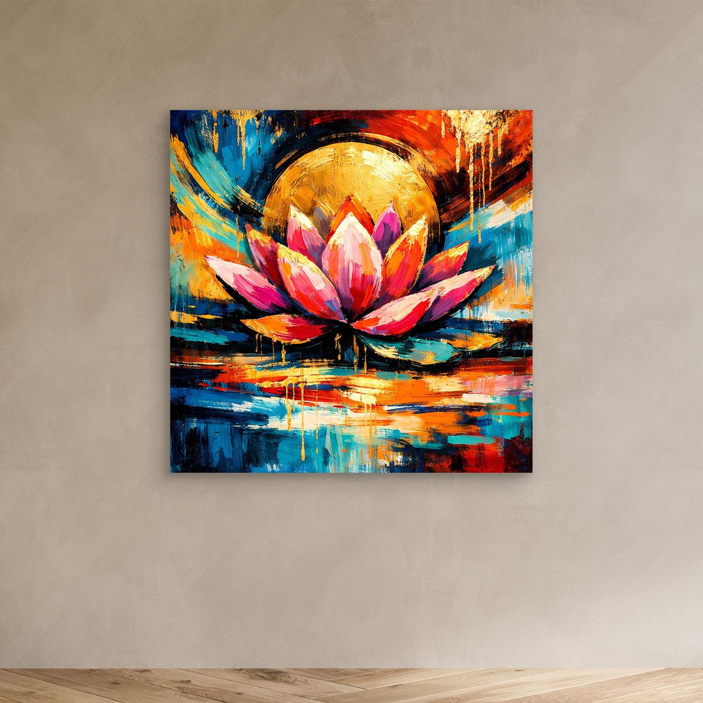 Leinwandbild mit abstrakter Lotusblüte, goldenem Halbmond und buntem Farbverlauf, ohne Rahmen