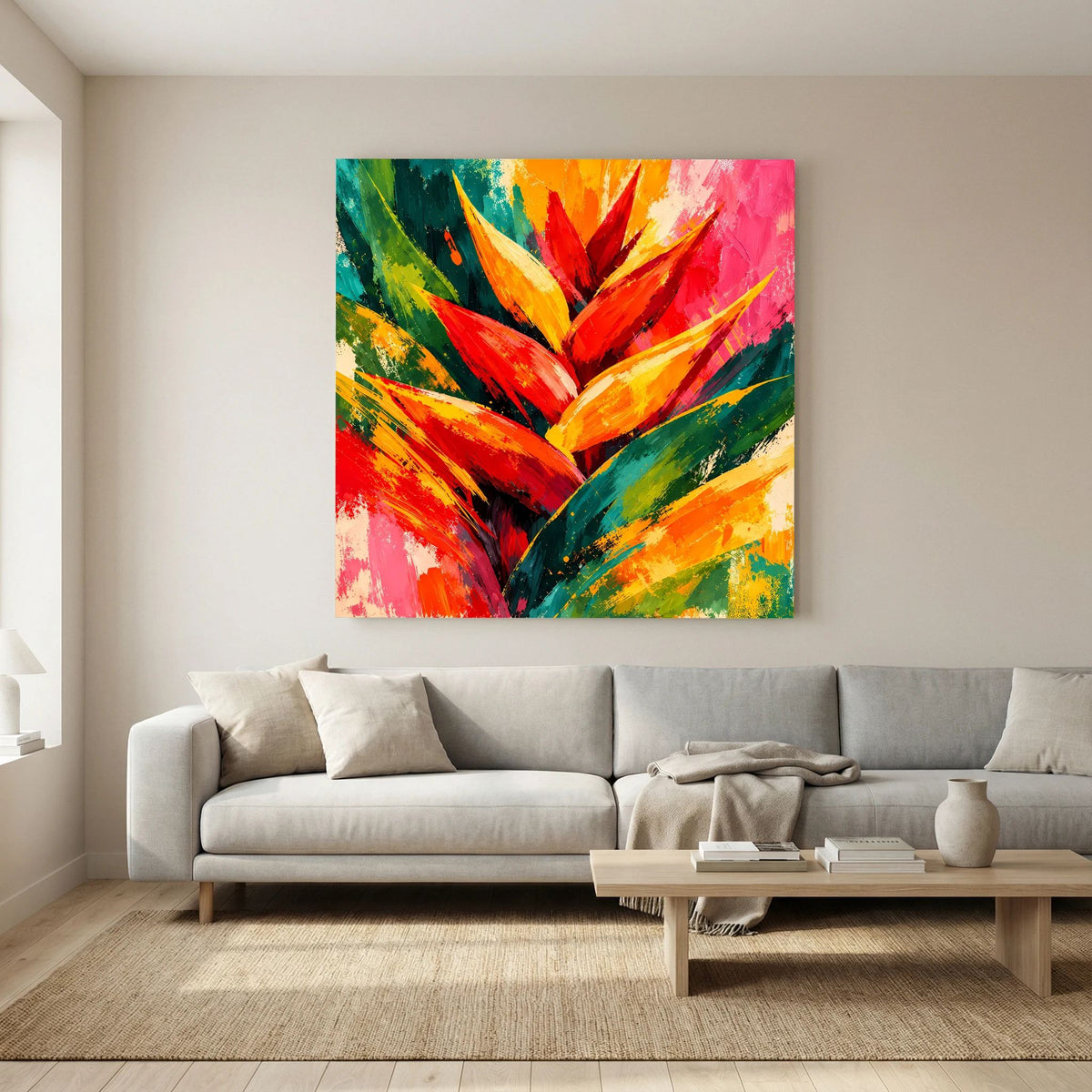 Leinwand Abstrakte Helikonie Blüte | Modernes Tropen Wandbild Bunt Exotisch