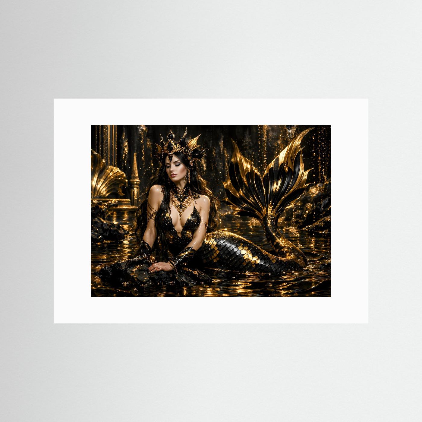 Goldene Meerjungfrau in Schwarz & Gold | Mystisches Fantasy Wandbild Querformat