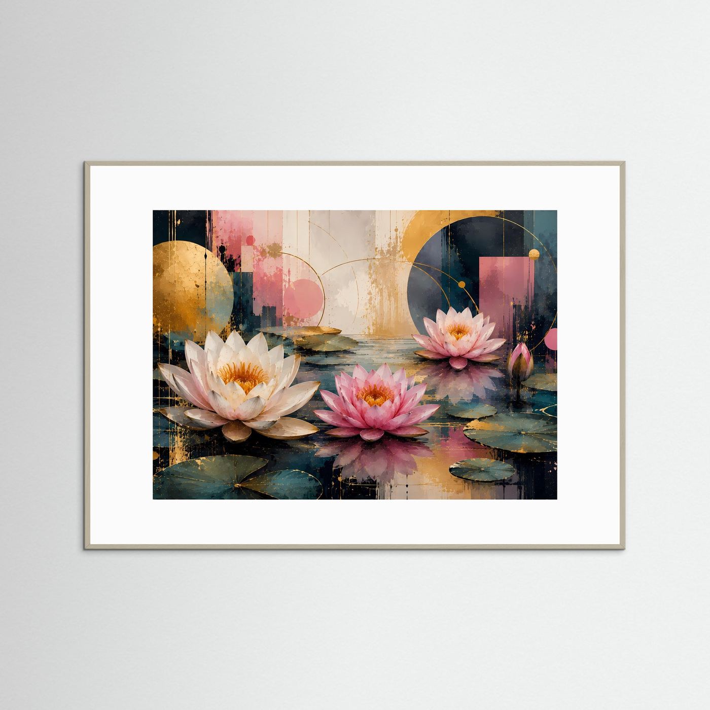 Wandbild mit abstrakten Wasserrosen, rosa und weiß, in weißem Rahmen