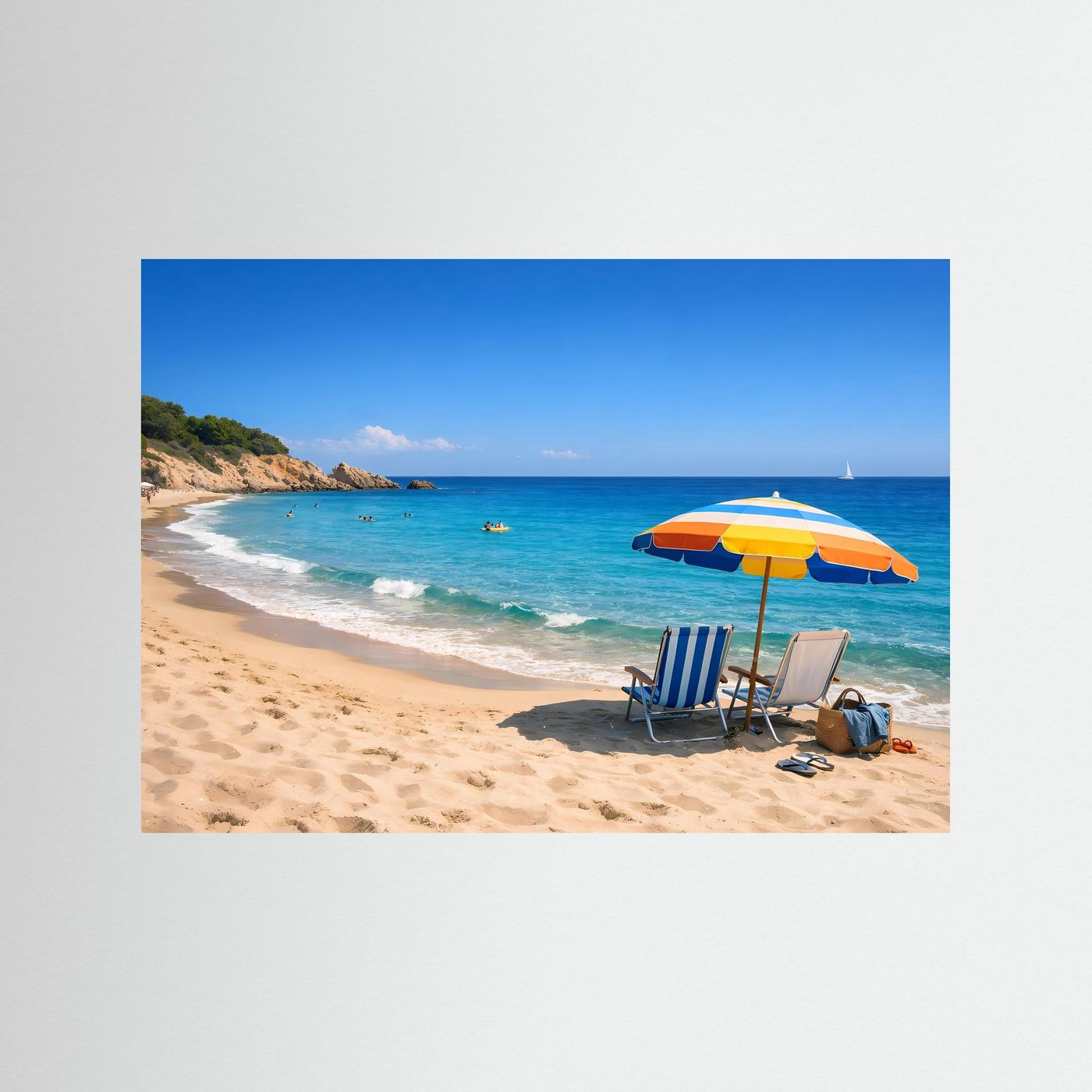 Urlaubs-Panorama-Poster: Strand, Meer, gelb-orangefarbener Sonnenschirm und Strandstühle
