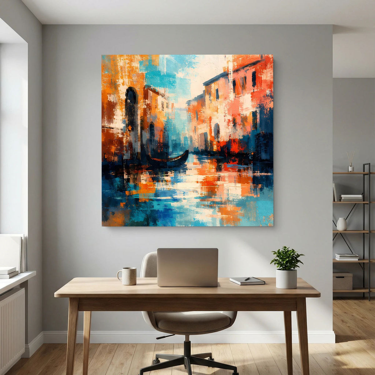 Abstraktes Leinwand-Wandbild mit Gondelbrücke, leuchtendes Orange-Blau und Spiegelungen.