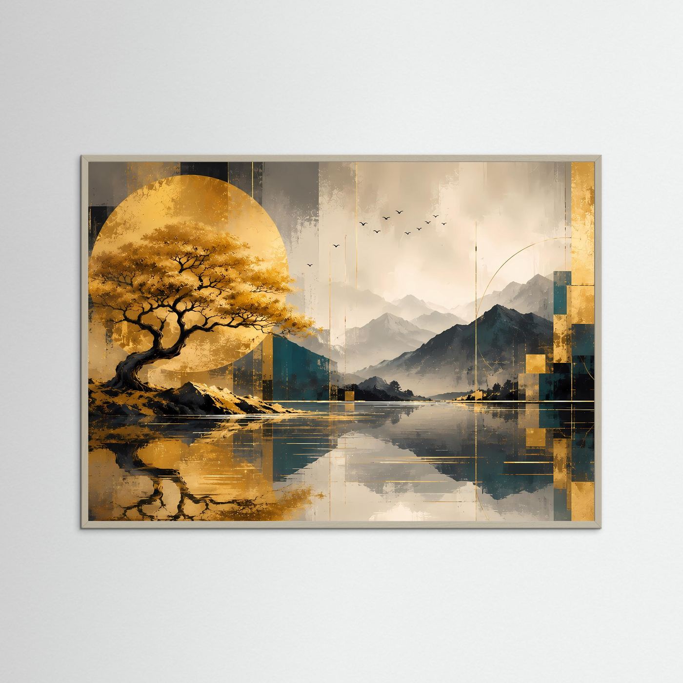 Landschaftsposter: goldener Baum, Berge und See mit Spiegelung, grauer Rahmen