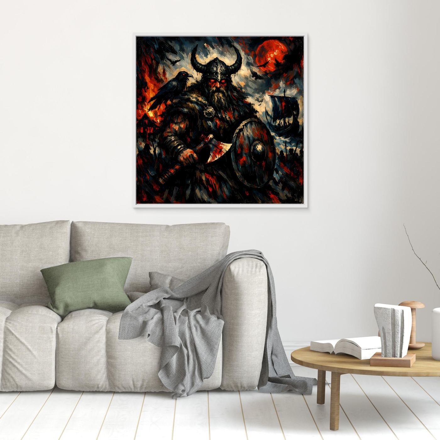 Leinwand Düsterer Wikinger-Krieger unter dem Blutmond | Expressives Nordmann Wandbild