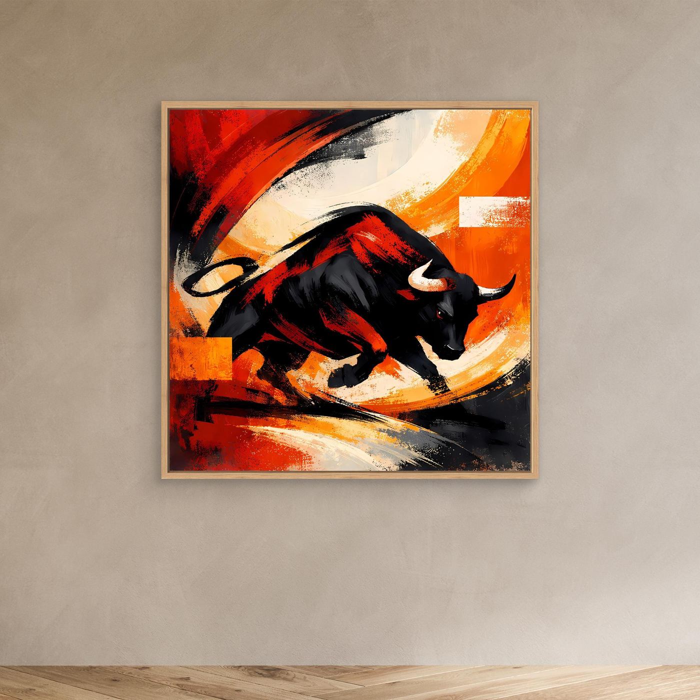 Abstraktes Leinwandbild mit schwarzem Stier, rote Akzentstreifen, orange/weiß, Eichenrahmen