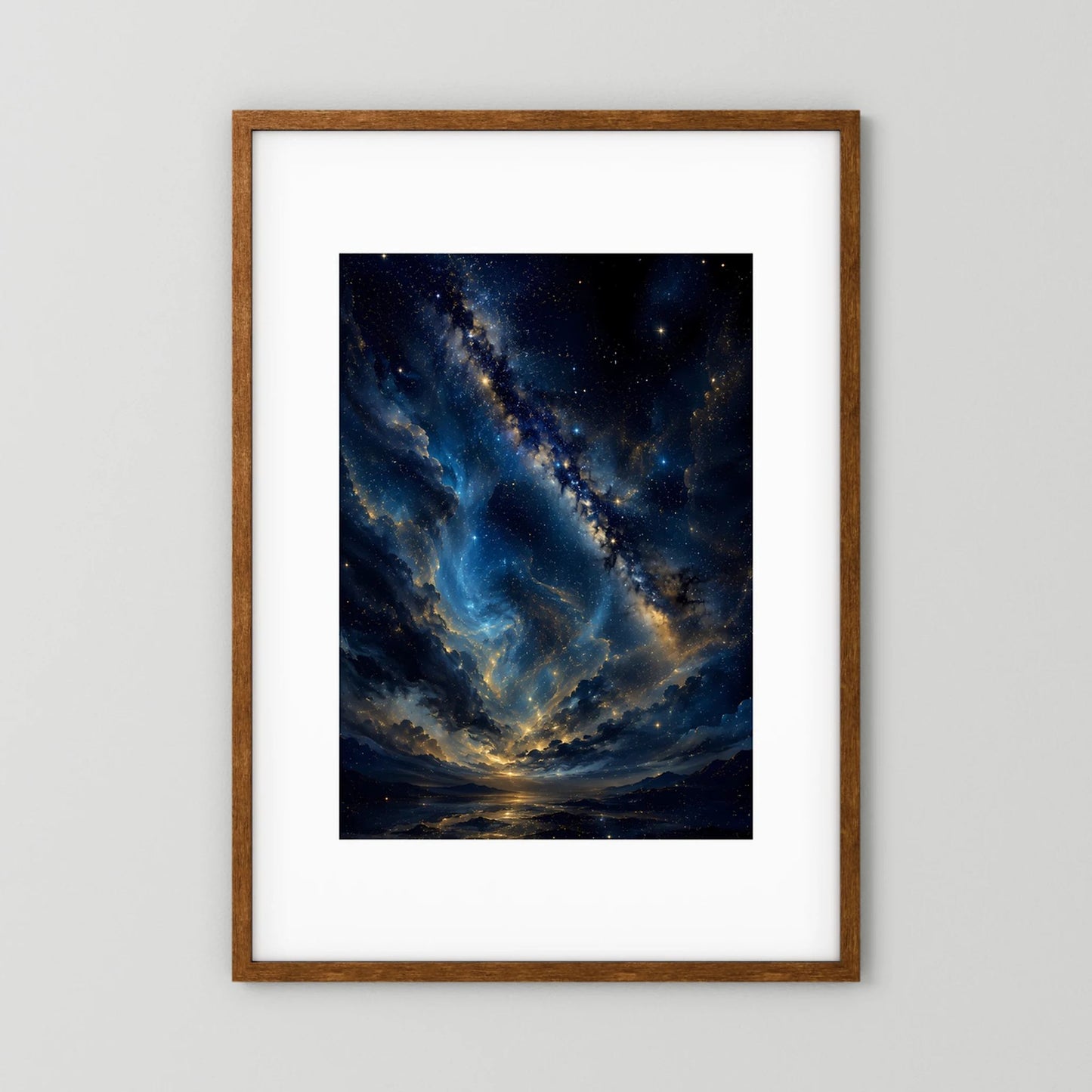 Sternenhimmel in Blau & Gold | Mystische Galaxie über Landschaft | Poster Hochformat