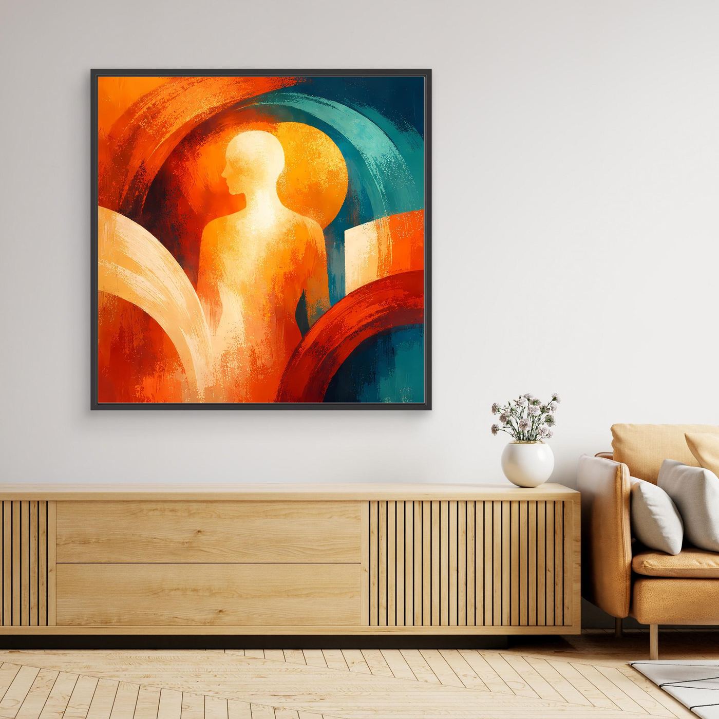 Abstraktes Leinwand-Wandbild mit zentraler Figurensilhouette in Orange und Türkis, schwarzer Rahmen