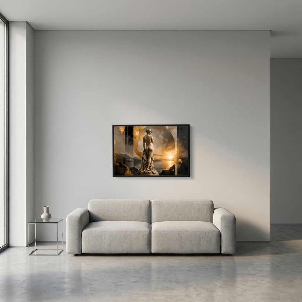 Gerahmtes Querformat-Poster mit Bronzestatue einer Frau, gold-schwarz und warmem Lichtschein
