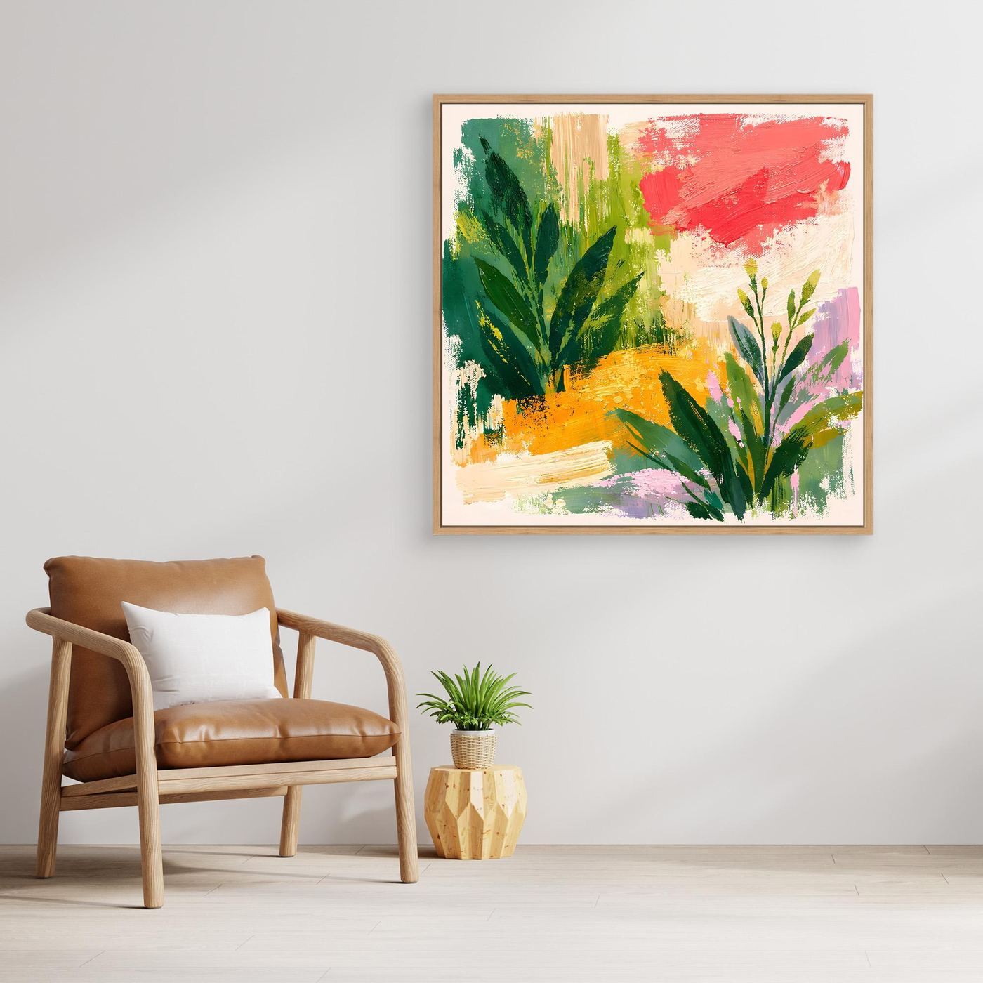 Abstract botanical wall art canvas with multicolor leaves and red brush strokes, oak frame