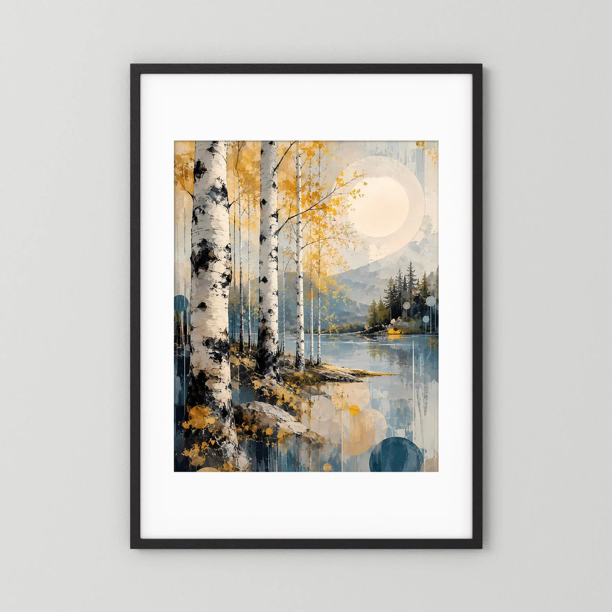 Poster im Hochformat mit abstrakter Waldlandschaft in Gold und Blau, schwarzer Rahmen