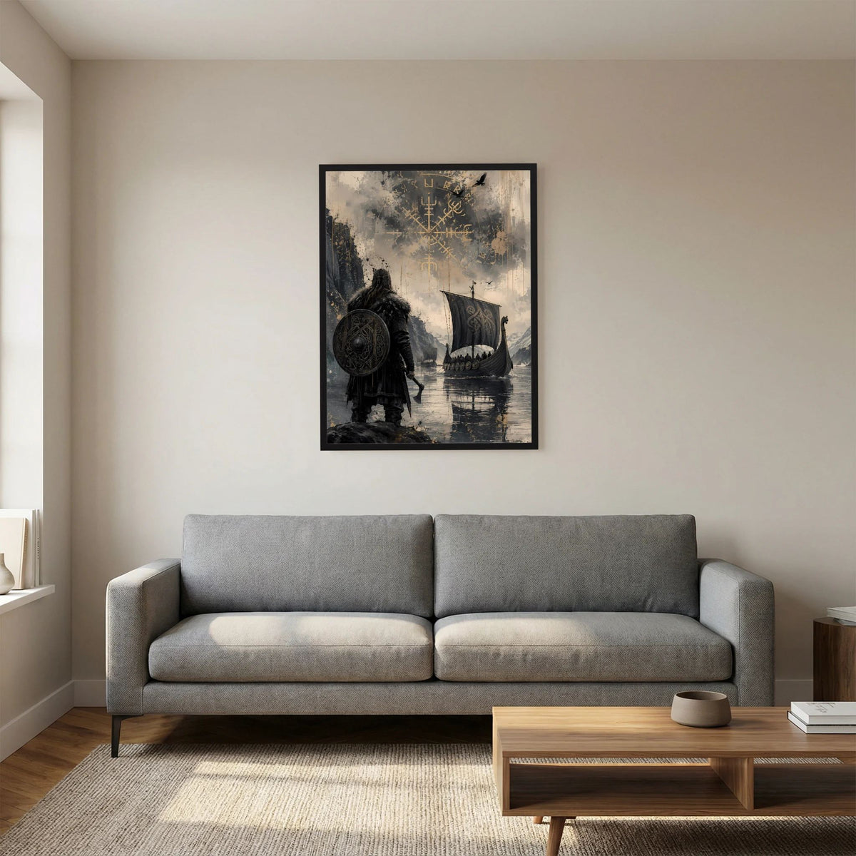 Wikinger-Poster im schwarzen Rahmen: Krieger auf Uferfelsen, Langschiff und Runen.