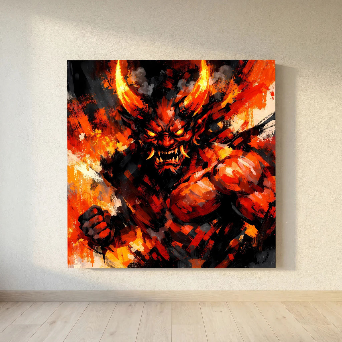 Gerahmtes Leinwand-Wandbild mit Oni-Dämon in Flammen, schwarz-oranges Farbspektrum