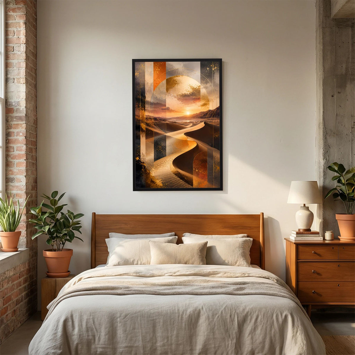 Poster mit schwarzem Rahmen in abstrakter Wüstenoptik, goldene Dünen und Sonnenuntergang