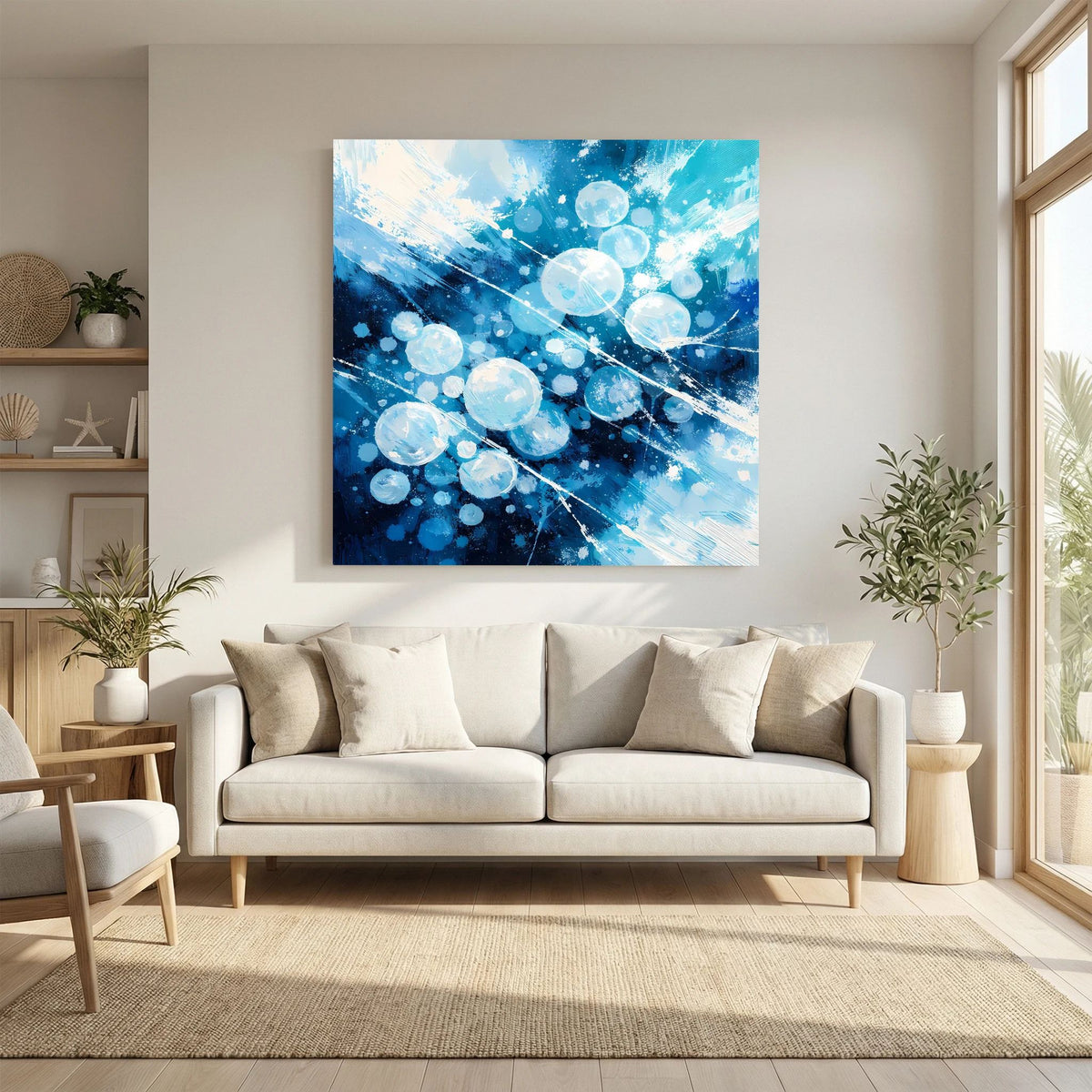 Abstraktes Wandbild auf Leinwand: blaue Blasen, Lichtreflexe und diagonale Linien