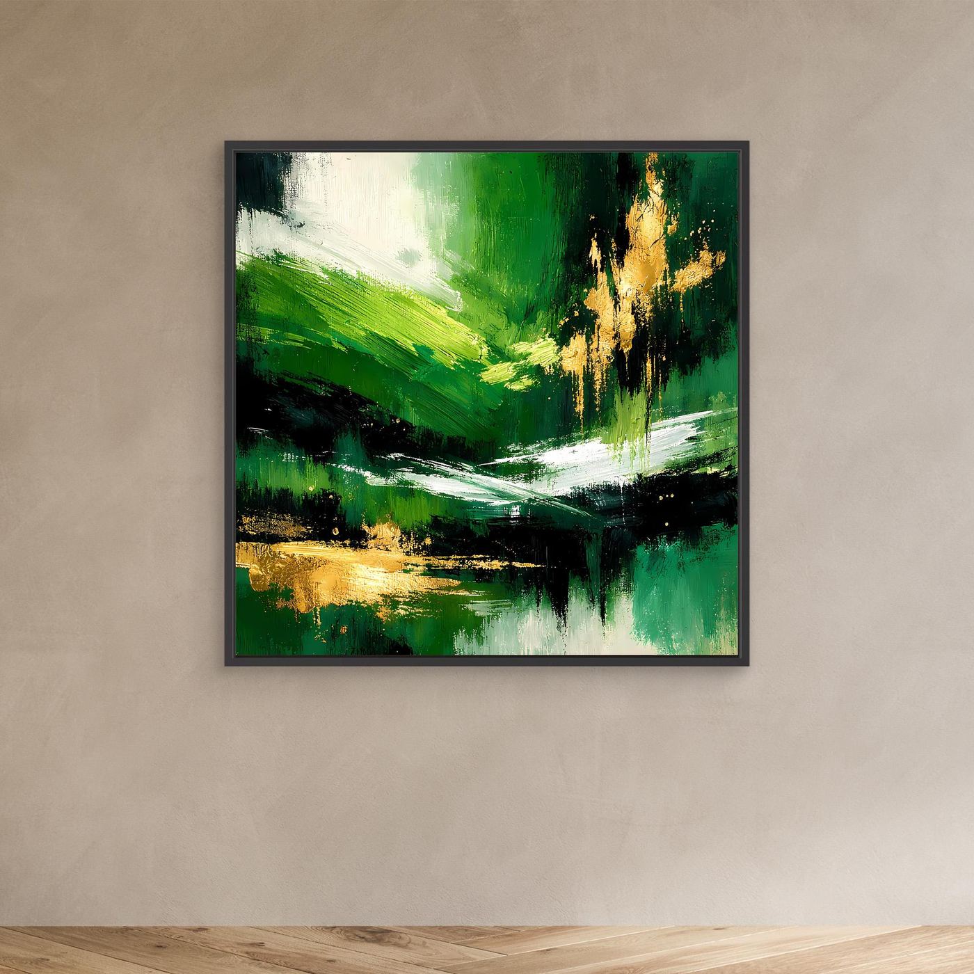 Leinwand Abstraktes Landschaftsgemälde in Smaragdgrün und Gold | Modernes Natur Wandbild
