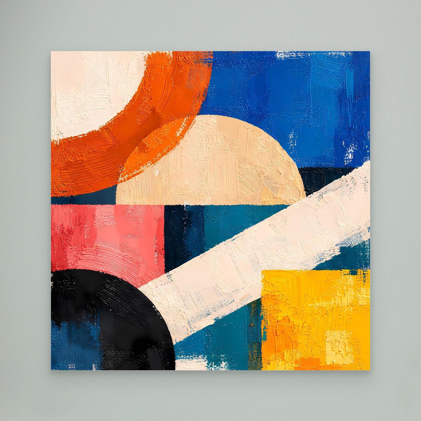Canvas abstract geometric painting without frame, curved orange and blue forms with black
