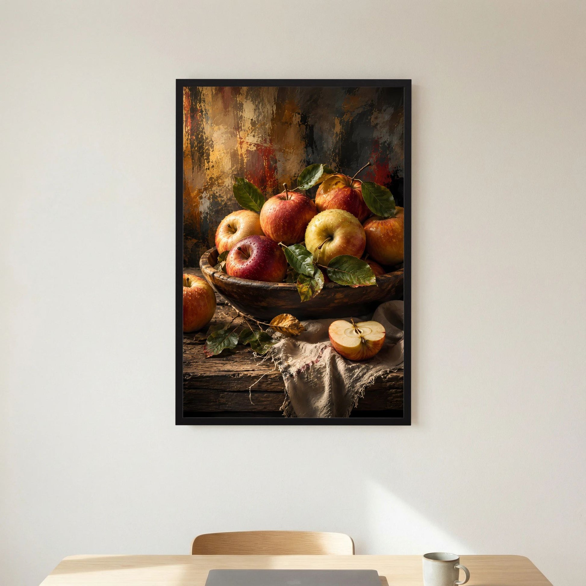 Hochformatiges Apfel-Poster mit Äpfeln und grünen Blättern in Schale, schwarzer Rahmen