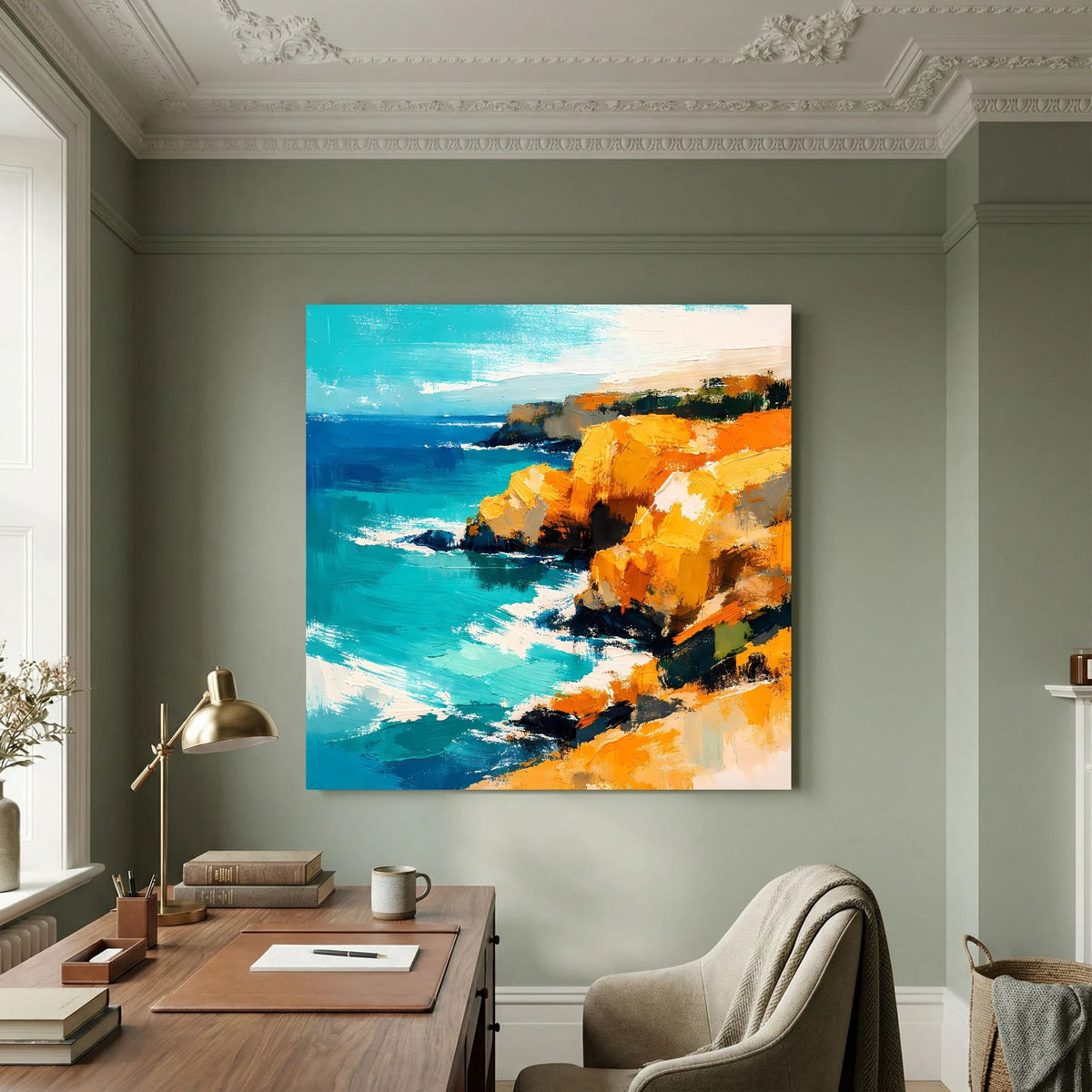 Leinwand Abstraktes Steilküsten Gemälde | Modernes Mediterranes Meeres Wandbild Blau Gelb