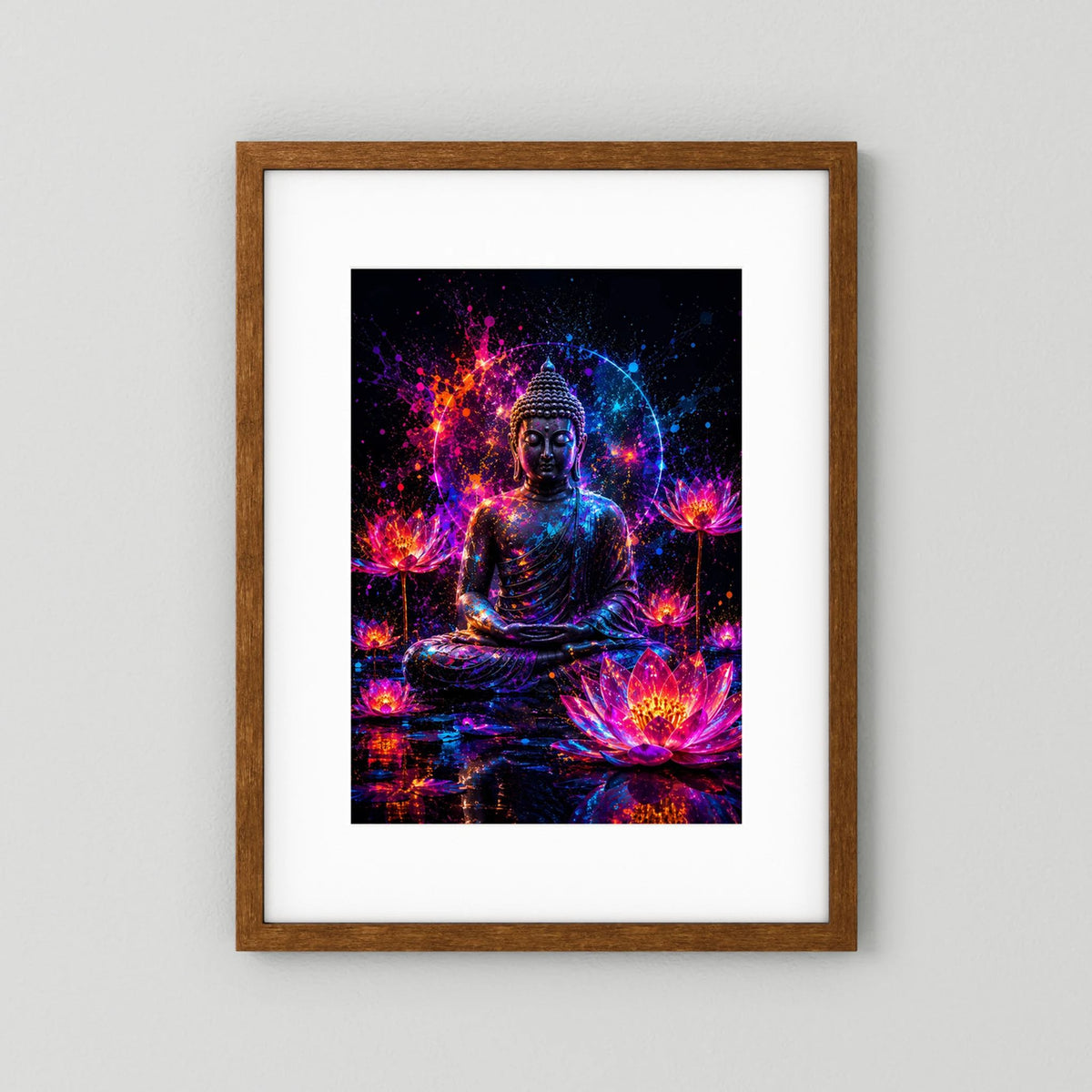 Neon-Buddha-Poster mit Lotusblüten, pink-blauer Neonoptik, brauner Holzrahmen