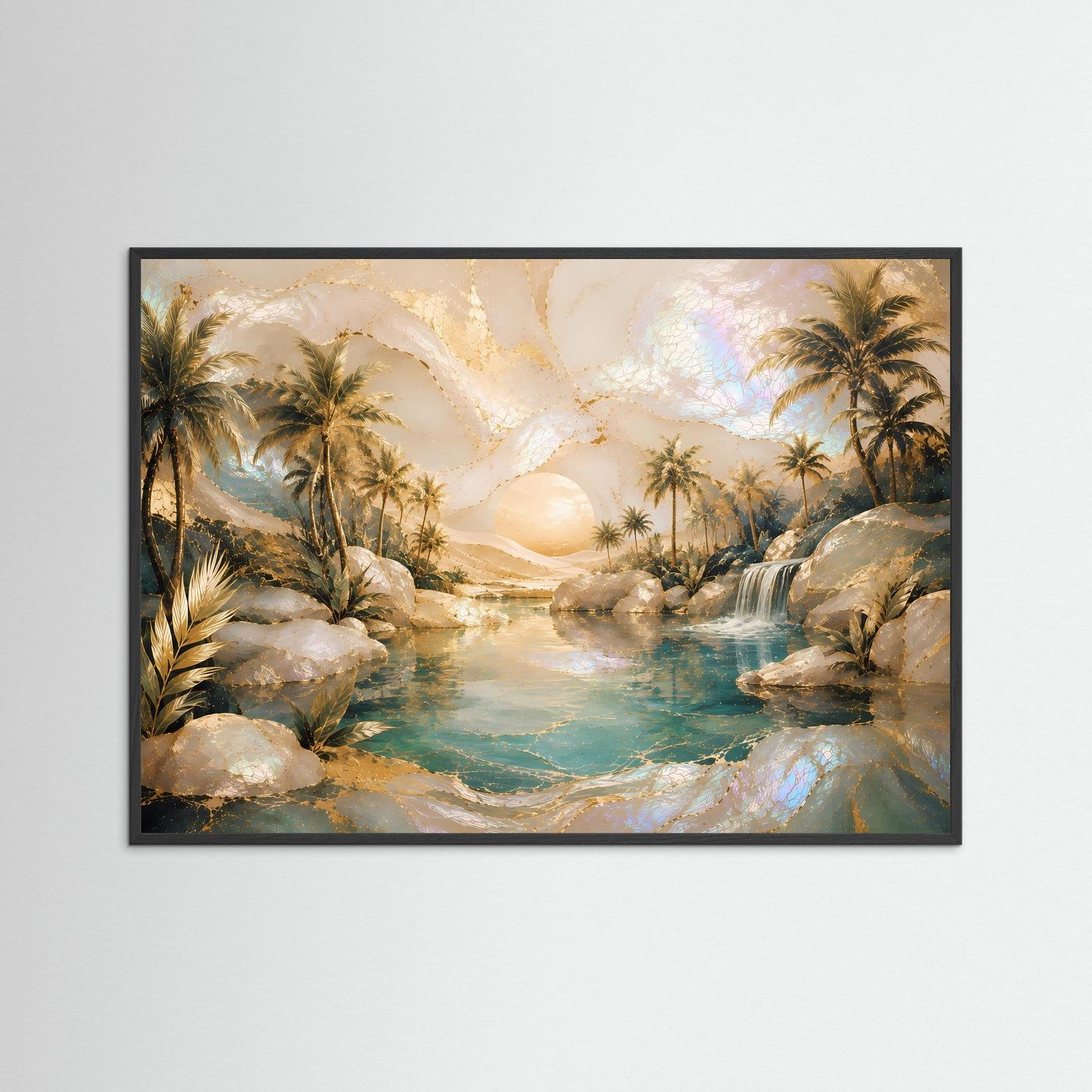 Querformat-Poster mit tropischer Landschaft: Palmen, Wasserfall und türkisfarbener Bachlauf im schwarzen Rahmen.