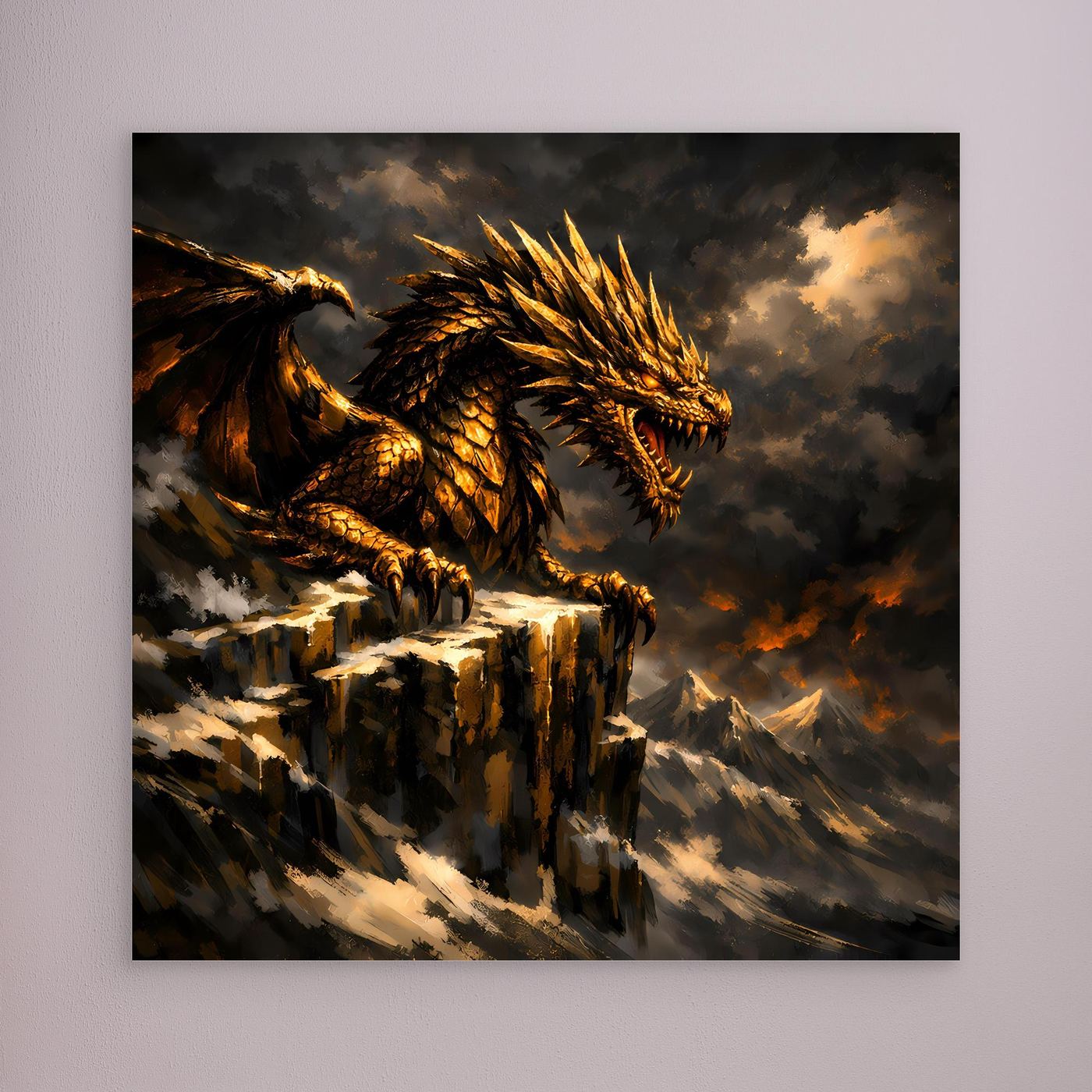 Leinwand Goldener Drache auf Felsgipfel | Episches Fantasy-Wandbild auf Keilrahmen