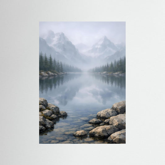 Hochformatiges Poster mit ruhigem Bergsee im Nebel, Berge und Felsen am Ufer