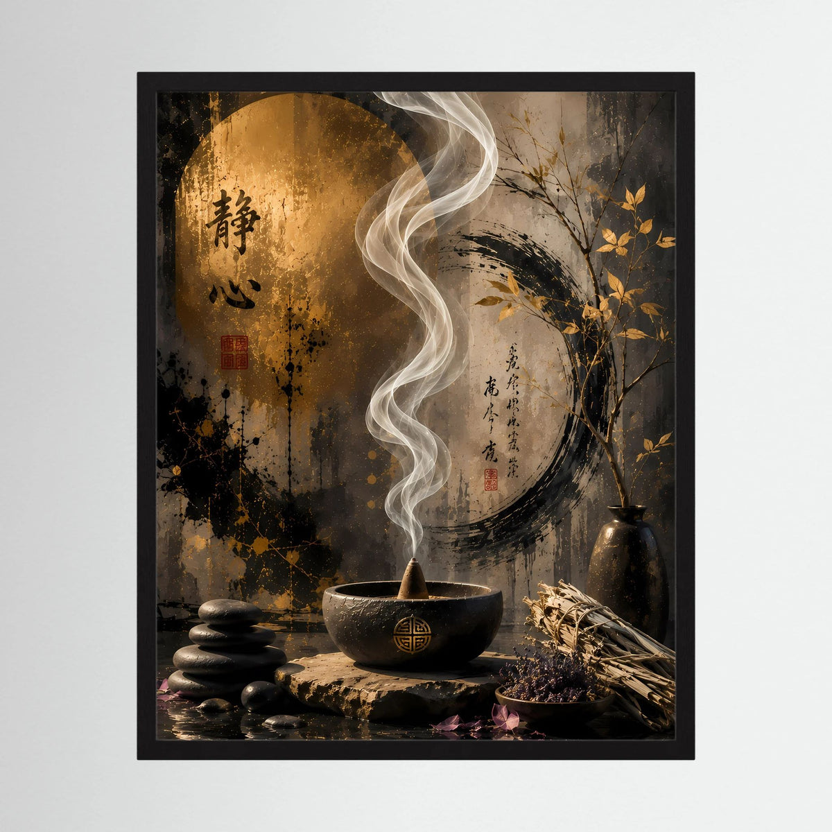 Gerähmtes Zen-Poster mit goldenem Kreis, Rauch über Schale, Steinhaufen, Blumenast und Schrift