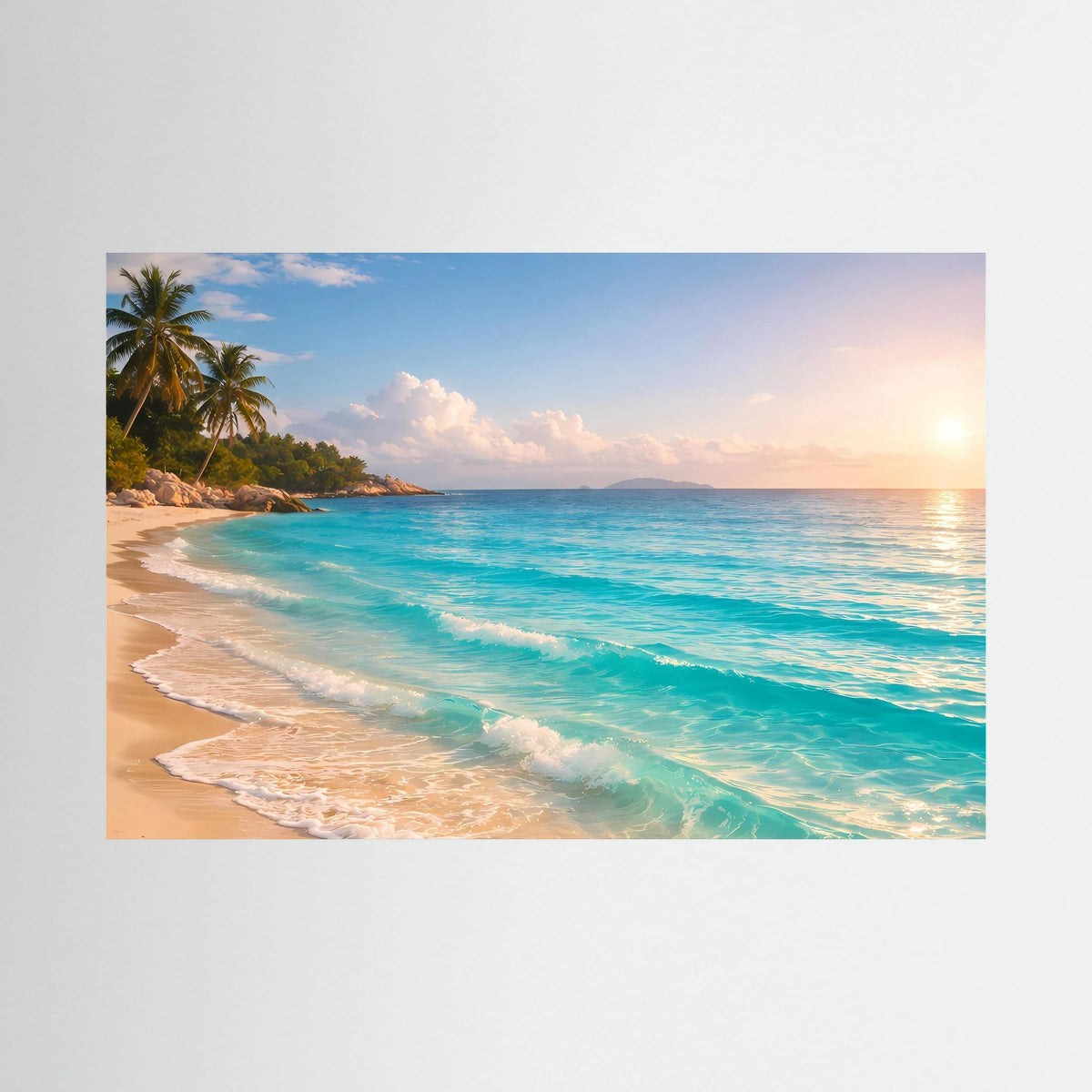 Rechteckiges Wandbild mit tropischem Sandstrand und türkisfarbenem Meer zur Sonnenaufgangszeit