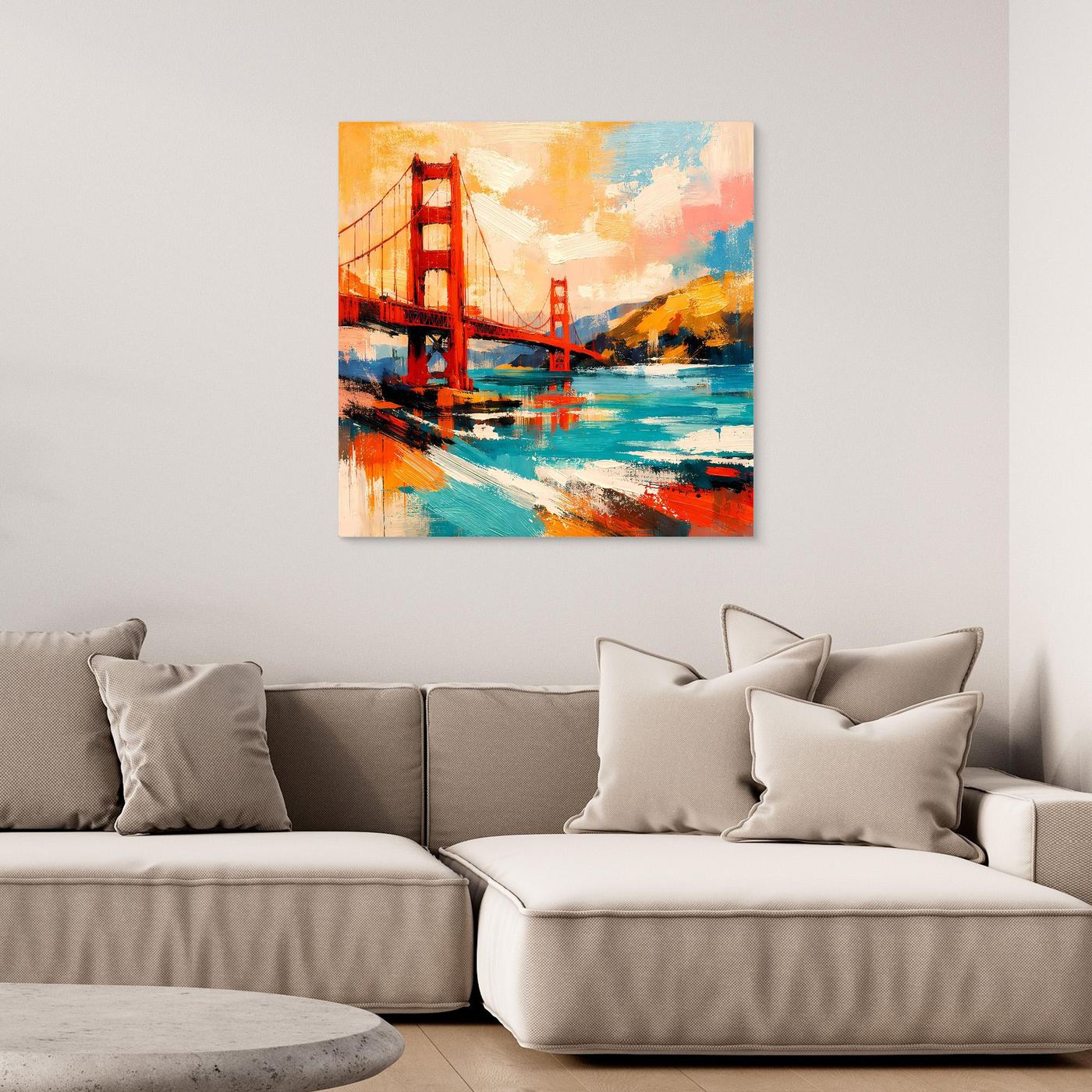 Unframed canvas wall art of an abstract Golden Gate Bridge with colorful paint strokes
