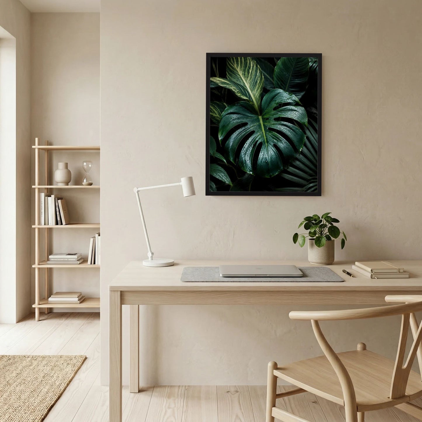 Gerahmtes Poster mit Monstera-Blättern in Dunkelgrün, klare Tropfen, Hochformat