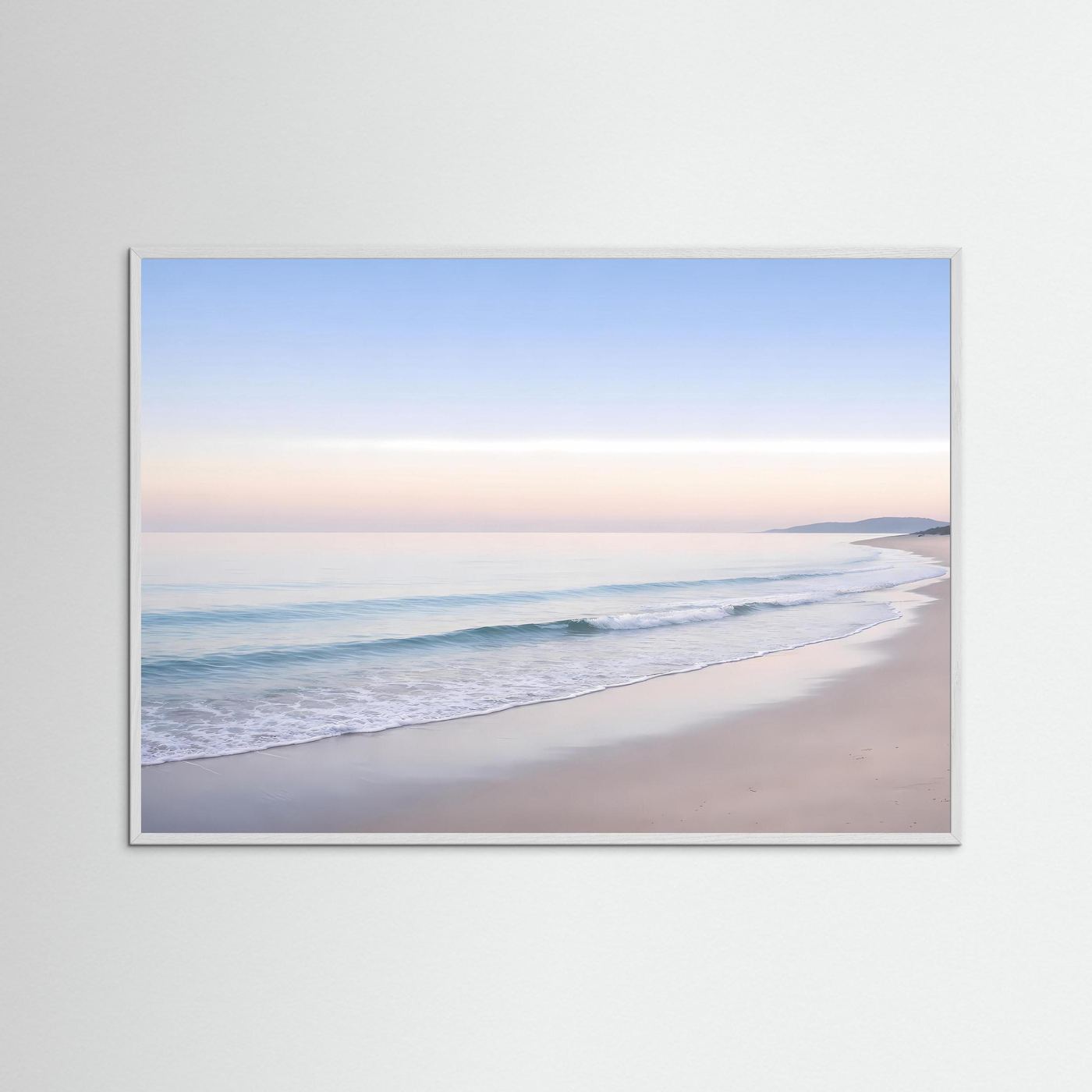Wandbild Poster mit Strand und Wellen in Pastellfarben, grauer Rahmen