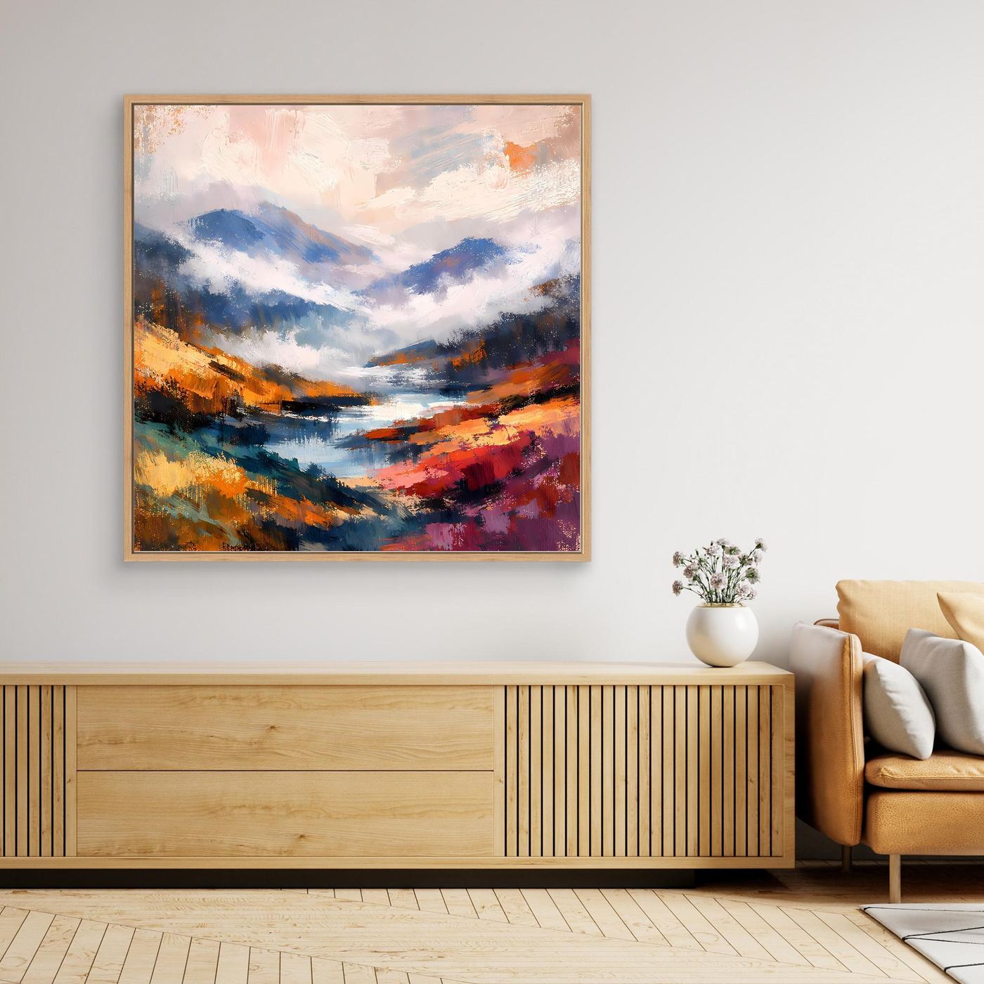 Abstraktes Leinwand-Wandbild mit Berglandschaft und Flusslauf, holzfarbig gerahmt