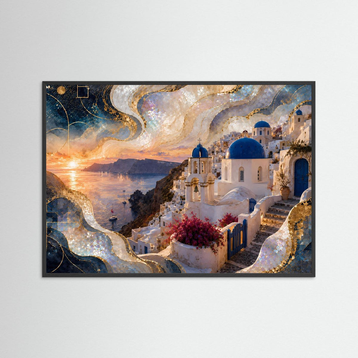 Querformat-Poster mit Santorini-Landschaft im schwarzen Rahmen: Meer, goldener Sonnenuntergang