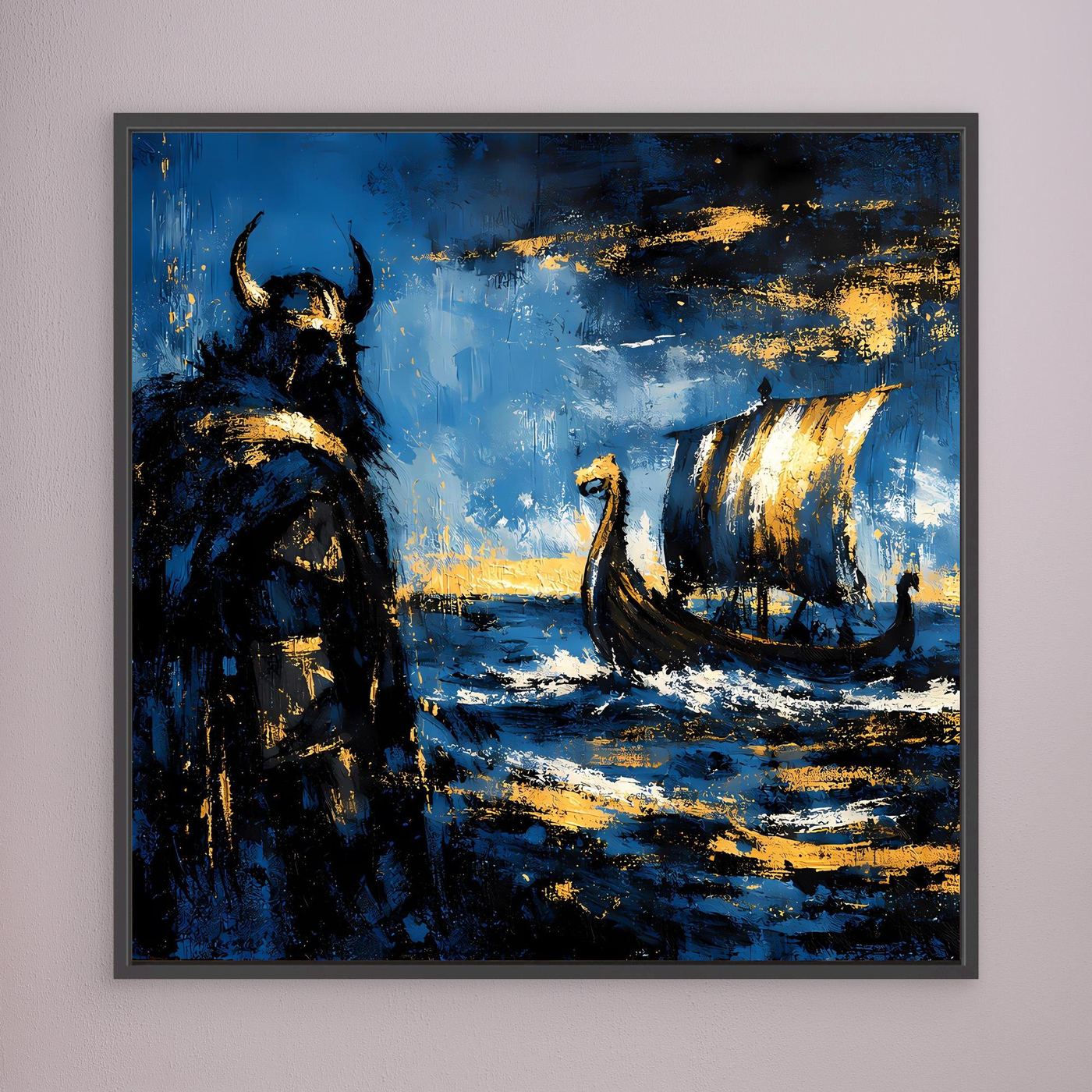 Leinwand Mythischer Wikinger und Langschiff | Abstraktes Nordisches Wandbild