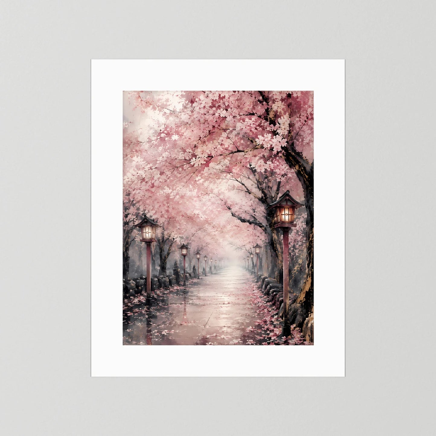 Hochformat-Poster mit rosa Kirschblütenallee und Laternen, weißer Rand ohne Rahmen