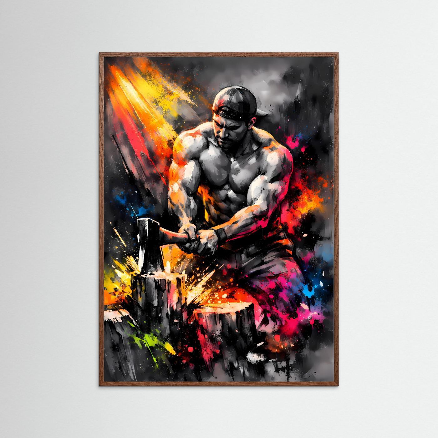 Die Kraft der Arbeit | Modernes Holzfäller Poster bunt | Abstraktes Urban Art Kunstposter Hochformat