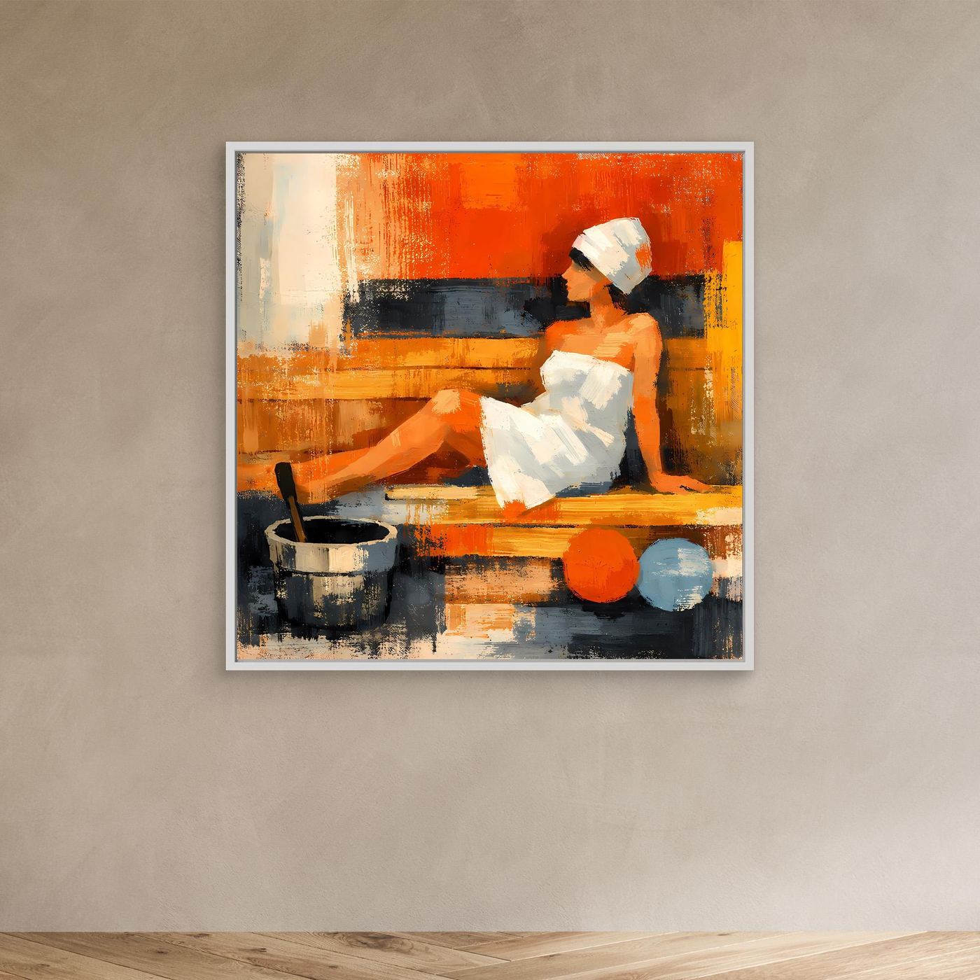 Abstract sauna wall art with light frame; reclining woman beside bucket and orange-blue balls