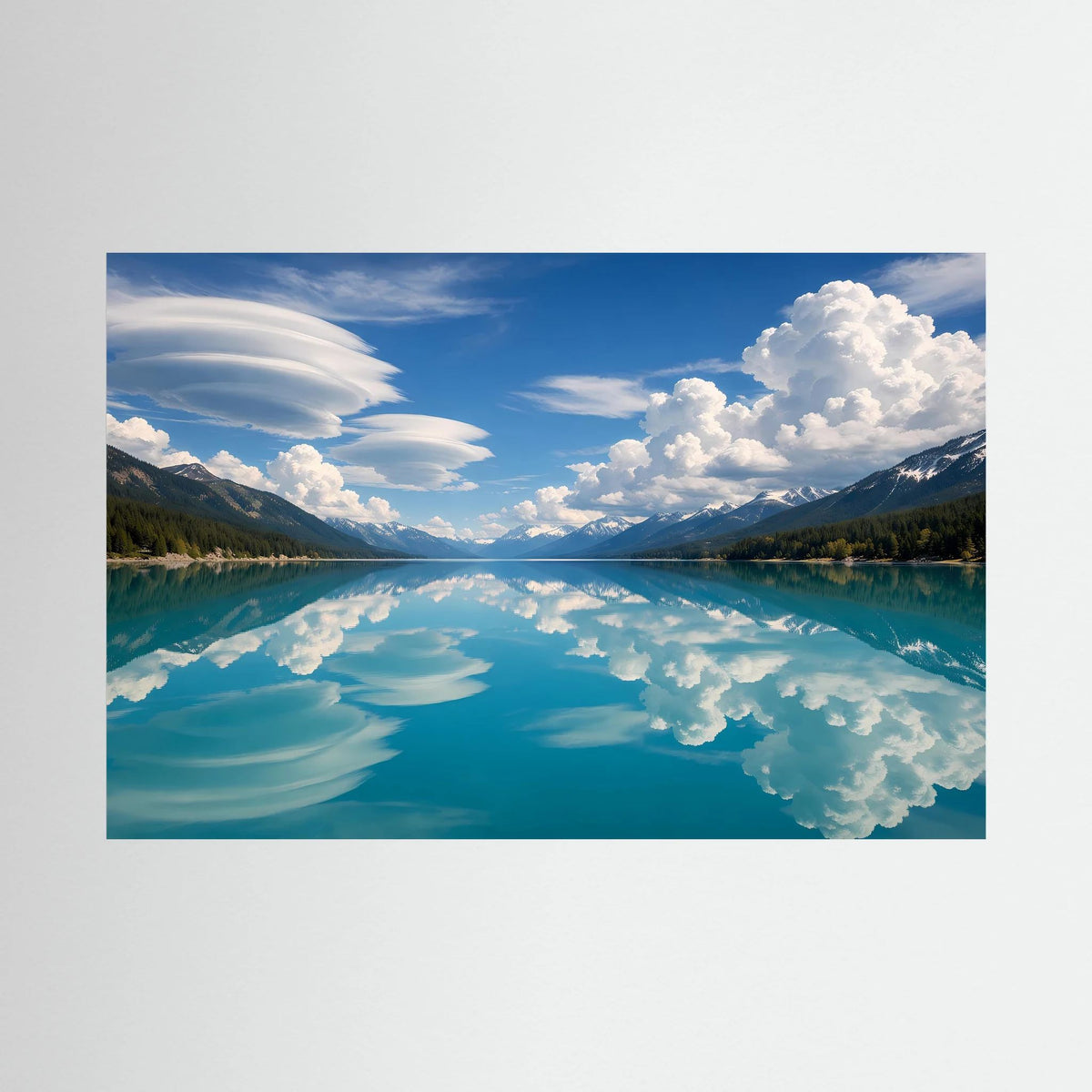 Querformat-Wandbild mit blauem See, Bergkette und Wolkenreflexion