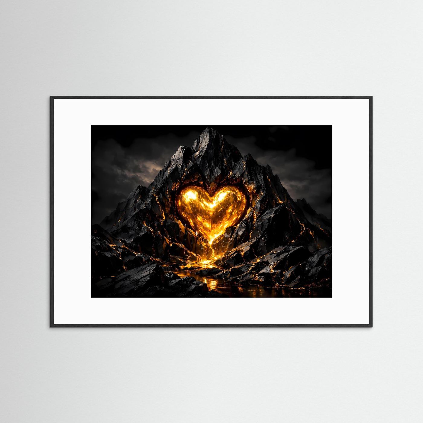 Glühendes Vulkanherz im Fels massiv | Feurige Magma Kunst & Herz Wandbild Querformat