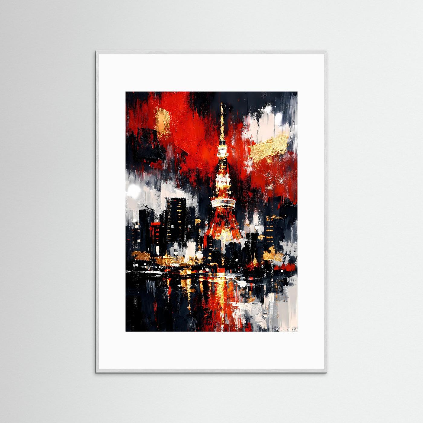 Poster mit abstrakter Tokio-Skyline und Tokio-Tower, rot-schwarz, weißer Rahmen, weißer Rand
