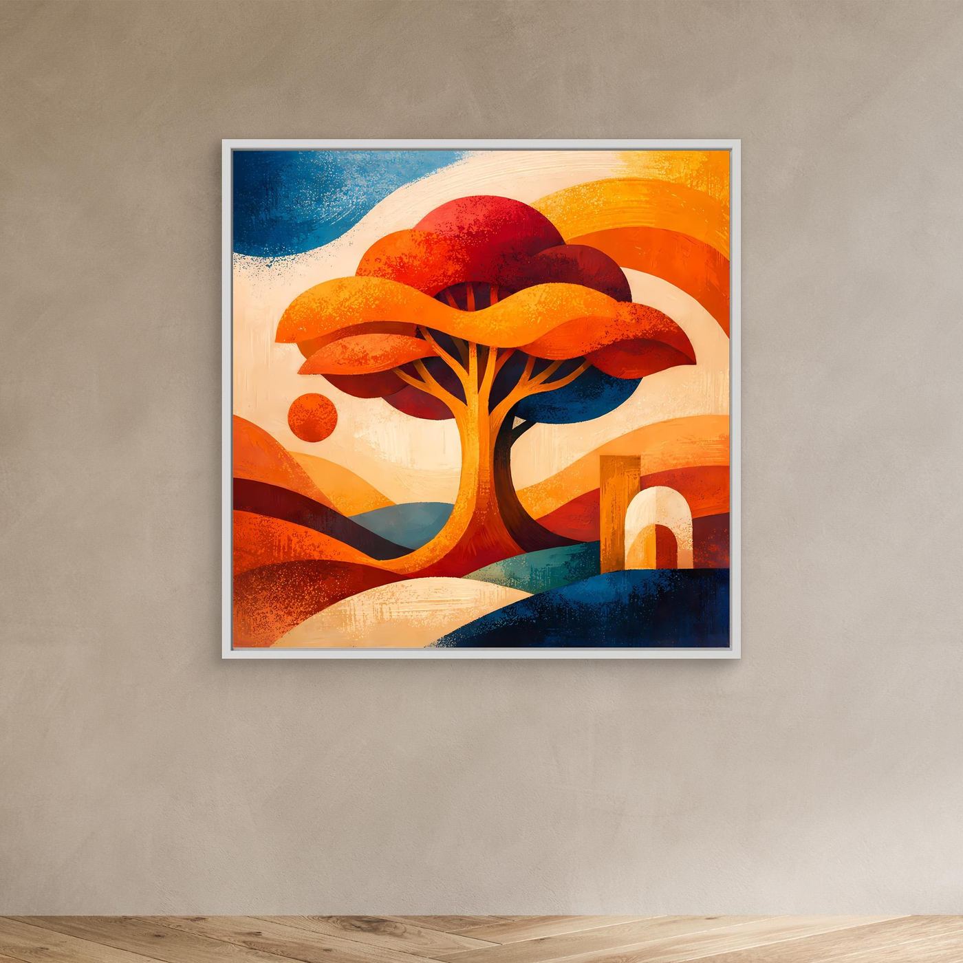 Leinwandbild mit abstraktem Lebensbaum im beigen Rahmen, orange-rote Krone und blau