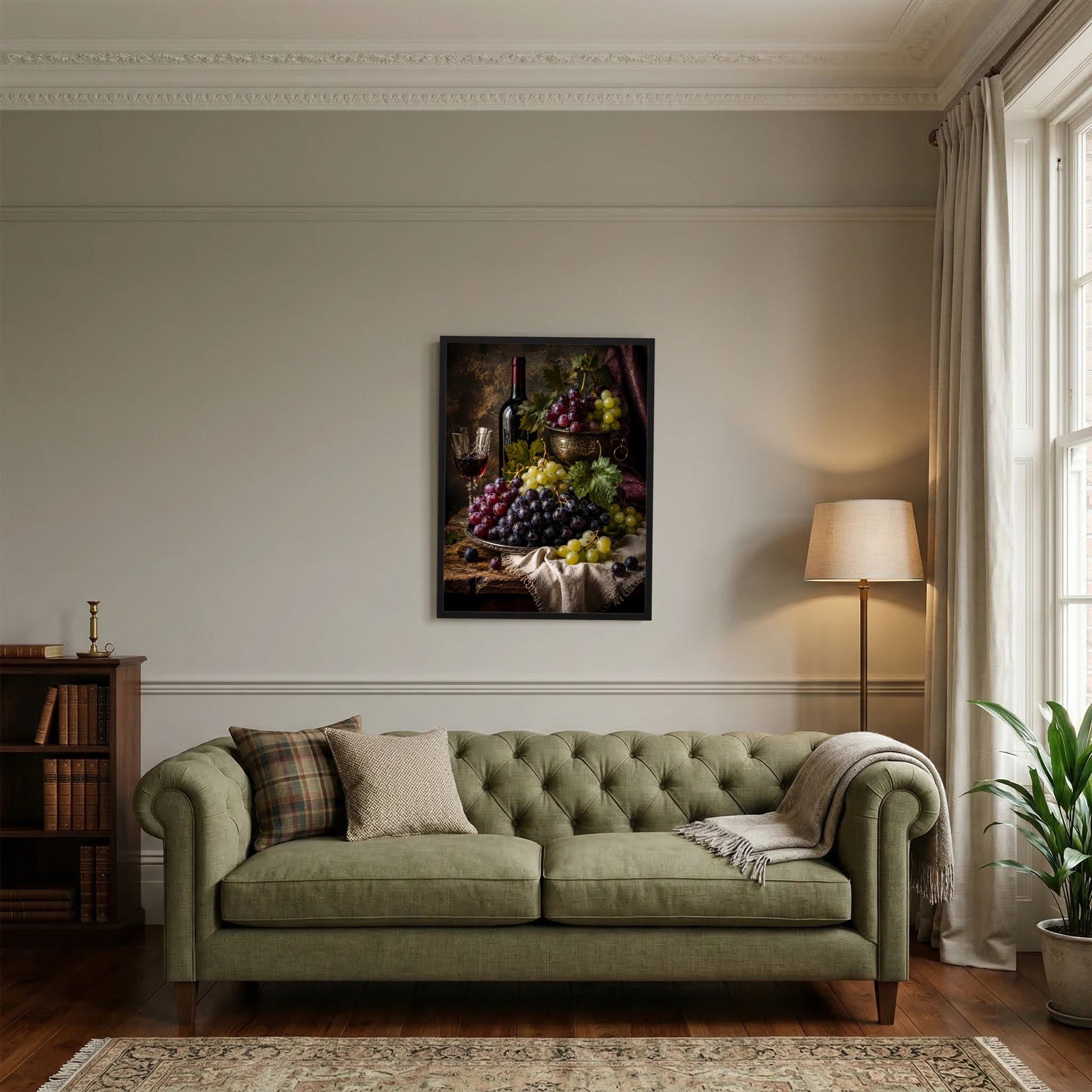 Wandbild-Poster im Hochformat mit Weinflasche, Weinglas und Trauben in Schale